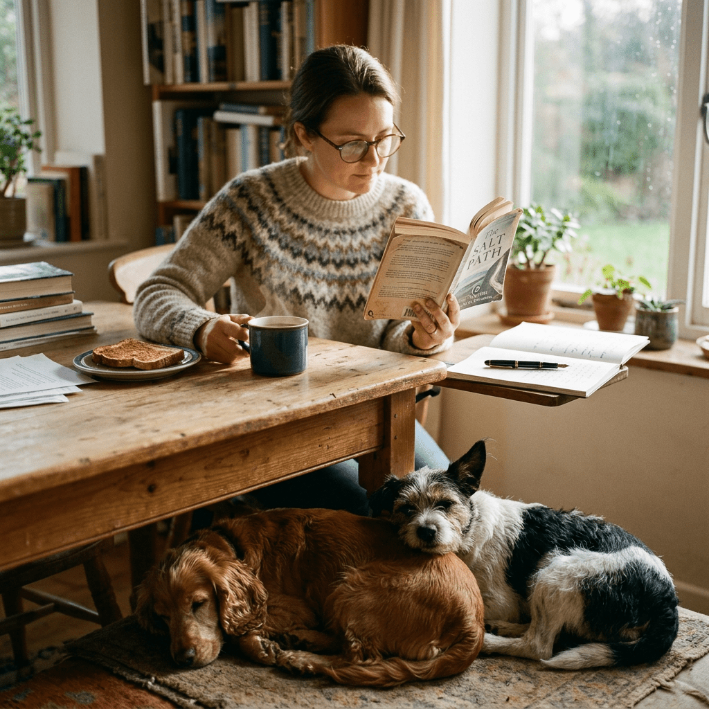 Woman reading book at wooden table with two dogs lying on rug